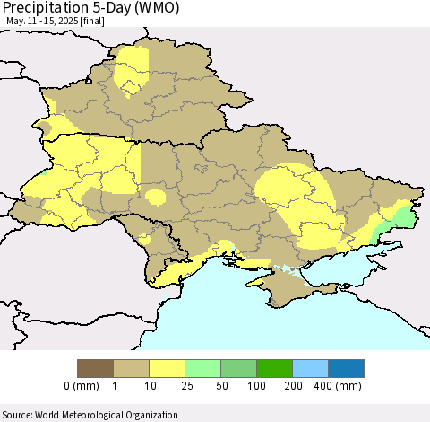 Ukraine, Moldova and Belarus Precipitation 5-Day (WMO) Thematic Map For 5/11/2025 - 5/15/2025