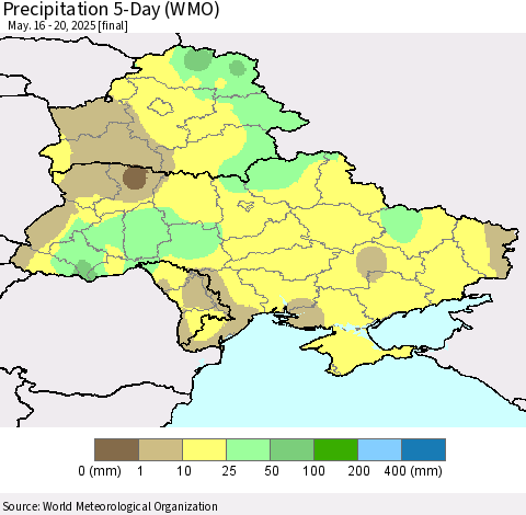 Ukraine, Moldova and Belarus Precipitation 5-Day (WMO) Thematic Map For 5/16/2025 - 5/20/2025