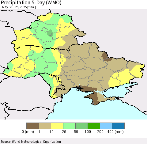 Ukraine, Moldova and Belarus Precipitation 5-Day (WMO) Thematic Map For 5/21/2025 - 5/25/2025