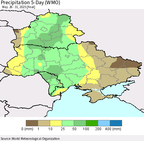 Ukraine, Moldova and Belarus Precipitation 5-Day (WMO) Thematic Map For 5/26/2025 - 5/31/2025