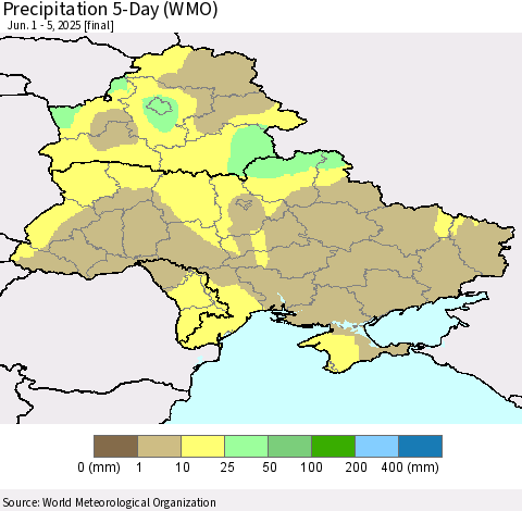 Ukraine, Moldova and Belarus Precipitation 5-Day (WMO) Thematic Map For 6/1/2025 - 6/5/2025