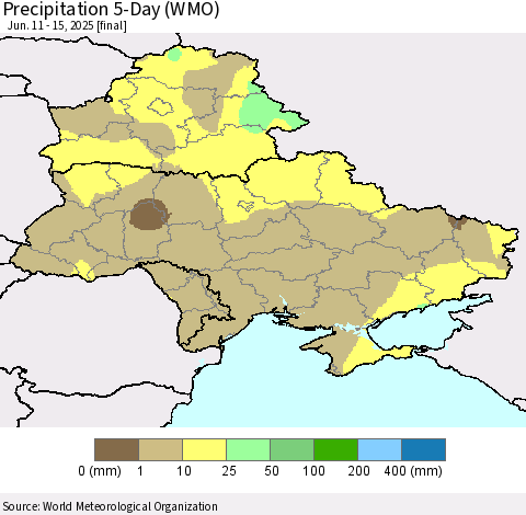 Ukraine, Moldova and Belarus Precipitation 5-Day (WMO) Thematic Map For 6/11/2025 - 6/15/2025