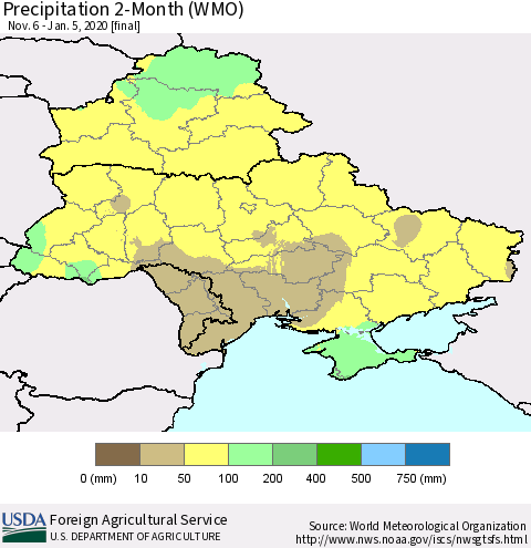 Ukraine, Moldova and Belarus Precipitation 2-Month (WMO) Thematic Map For 11/6/2019 - 1/5/2020