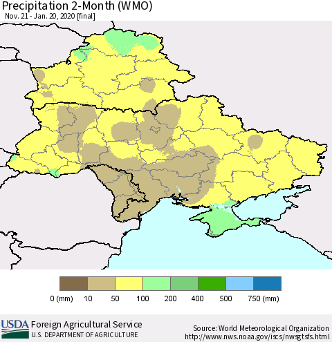 Ukraine, Moldova and Belarus Precipitation 2-Month (WMO) Thematic Map For 11/21/2019 - 1/20/2020