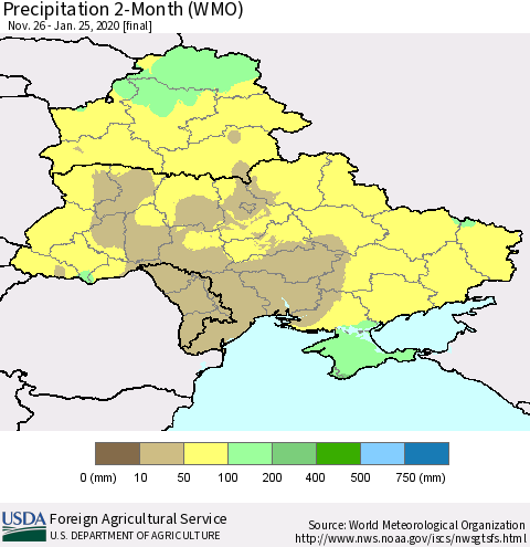 Ukraine, Moldova and Belarus Precipitation 2-Month (WMO) Thematic Map For 11/26/2019 - 1/25/2020