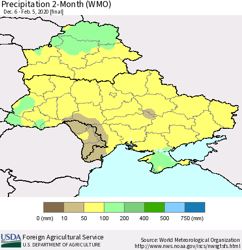 Ukraine, Moldova and Belarus Precipitation 2-Month (WMO) Thematic Map For 12/6/2019 - 2/5/2020
