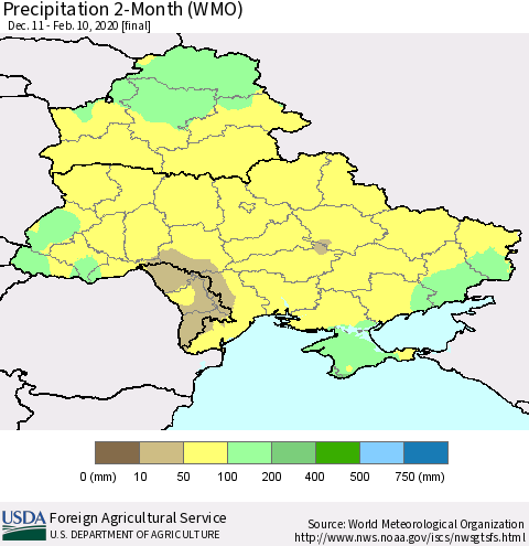 Ukraine, Moldova and Belarus Precipitation 2-Month (WMO) Thematic Map For 12/11/2019 - 2/10/2020