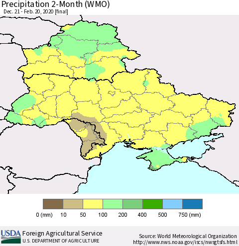 Ukraine, Moldova and Belarus Precipitation 2-Month (WMO) Thematic Map For 12/21/2019 - 2/20/2020