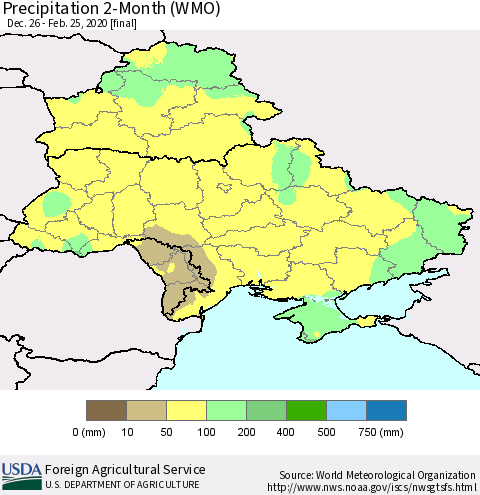 Ukraine, Moldova and Belarus Precipitation 2-Month (WMO) Thematic Map For 12/26/2019 - 2/25/2020
