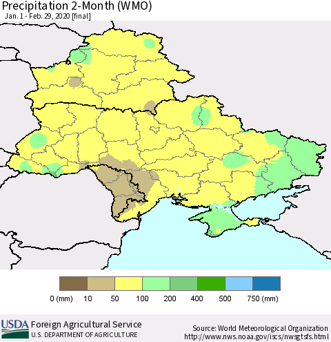 Ukraine, Moldova and Belarus Precipitation 2-Month (WMO) Thematic Map For 1/1/2020 - 2/29/2020