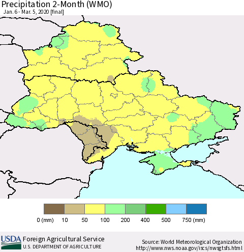 Ukraine, Moldova and Belarus Precipitation 2-Month (WMO) Thematic Map For 1/6/2020 - 3/5/2020