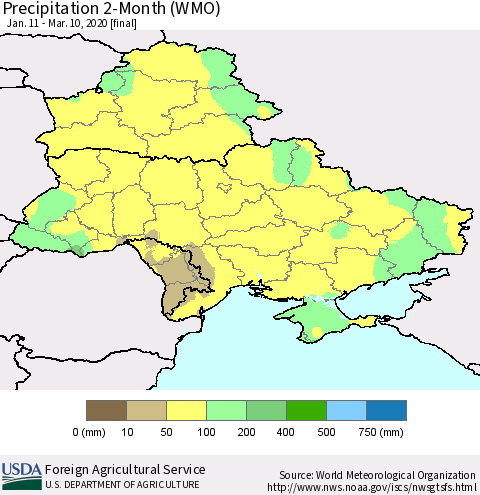 Ukraine, Moldova and Belarus Precipitation 2-Month (WMO) Thematic Map For 1/11/2020 - 3/10/2020