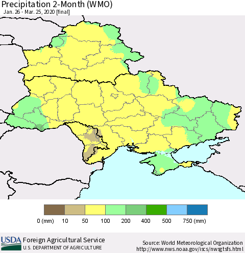 Ukraine, Moldova and Belarus Precipitation 2-Month (WMO) Thematic Map For 1/26/2020 - 3/25/2020