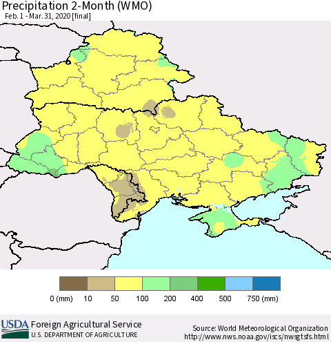 Ukraine, Moldova and Belarus Precipitation 2-Month (WMO) Thematic Map For 2/1/2020 - 3/31/2020