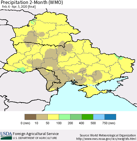 Ukraine, Moldova and Belarus Precipitation 2-Month (WMO) Thematic Map For 2/6/2020 - 4/5/2020