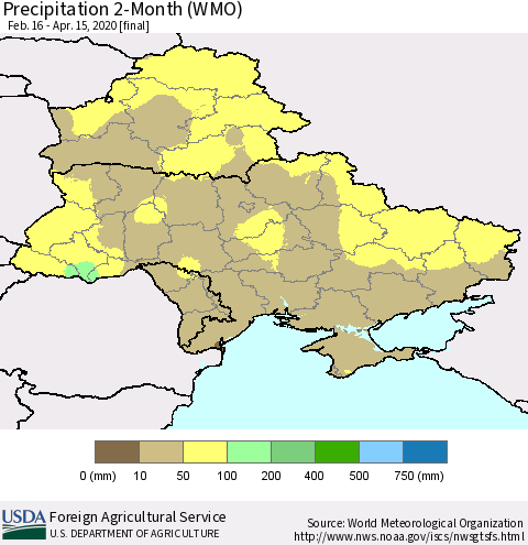 Ukraine, Moldova and Belarus Precipitation 2-Month (WMO) Thematic Map For 2/16/2020 - 4/15/2020