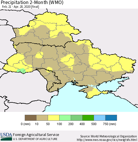 Ukraine, Moldova and Belarus Precipitation 2-Month (WMO) Thematic Map For 2/21/2020 - 4/20/2020