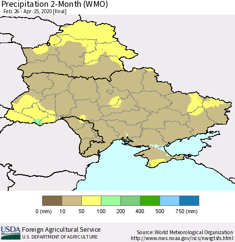 Ukraine, Moldova and Belarus Precipitation 2-Month (WMO) Thematic Map For 2/26/2020 - 4/25/2020