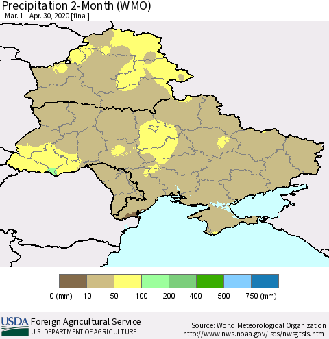 Ukraine, Moldova and Belarus Precipitation 2-Month (WMO) Thematic Map For 3/1/2020 - 4/30/2020