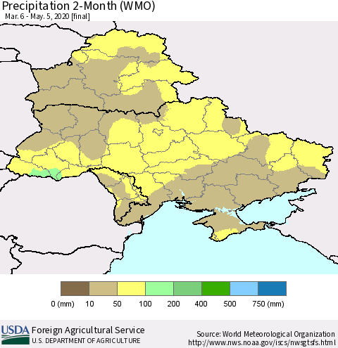 Ukraine, Moldova and Belarus Precipitation 2-Month (WMO) Thematic Map For 3/6/2020 - 5/5/2020