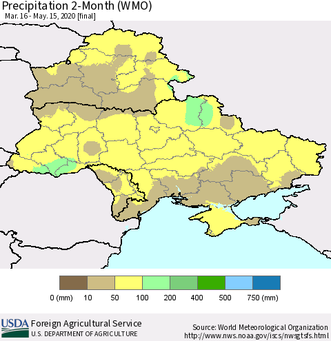 Ukraine, Moldova and Belarus Precipitation 2-Month (WMO) Thematic Map For 3/16/2020 - 5/15/2020