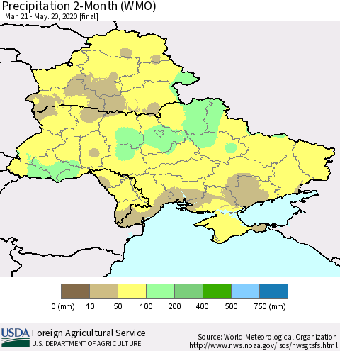 Ukraine, Moldova and Belarus Precipitation 2-Month (WMO) Thematic Map For 3/21/2020 - 5/20/2020