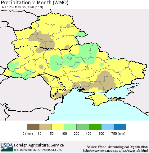Ukraine, Moldova and Belarus Precipitation 2-Month (WMO) Thematic Map For 3/26/2020 - 5/25/2020