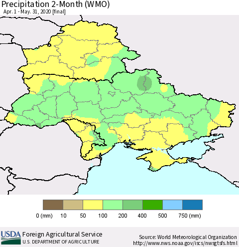 Ukraine, Moldova and Belarus Precipitation 2-Month (WMO) Thematic Map For 4/1/2020 - 5/31/2020