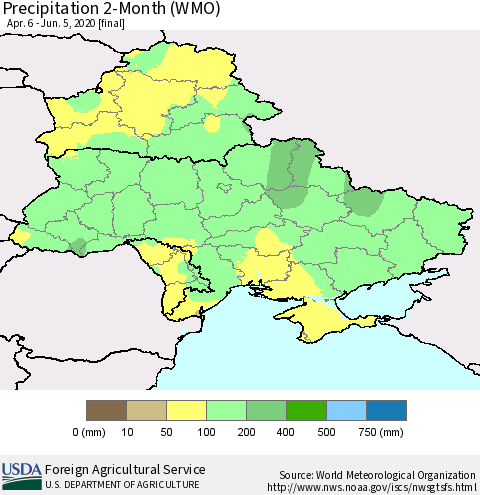 Ukraine, Moldova and Belarus Precipitation 2-Month (WMO) Thematic Map For 4/6/2020 - 6/5/2020