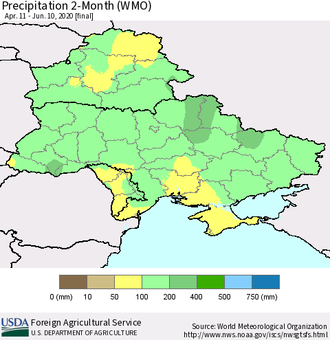 Ukraine, Moldova and Belarus Precipitation 2-Month (WMO) Thematic Map For 4/11/2020 - 6/10/2020