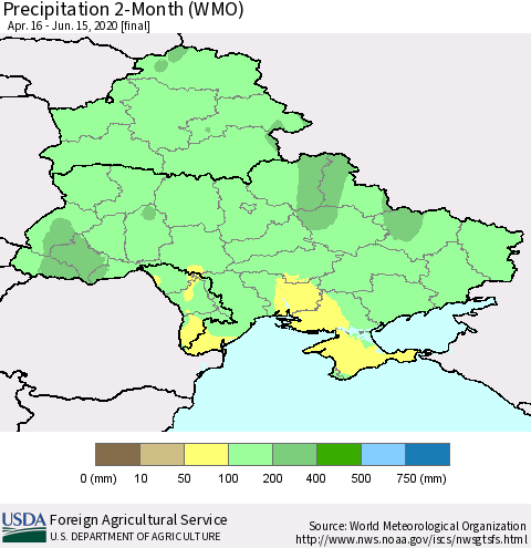 Ukraine, Moldova and Belarus Precipitation 2-Month (WMO) Thematic Map For 4/16/2020 - 6/15/2020