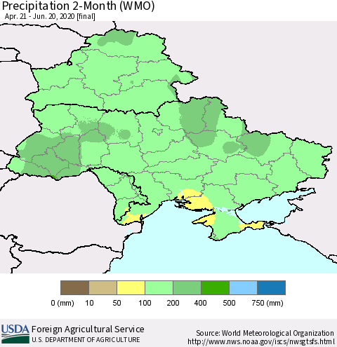 Ukraine, Moldova and Belarus Precipitation 2-Month (WMO) Thematic Map For 4/21/2020 - 6/20/2020
