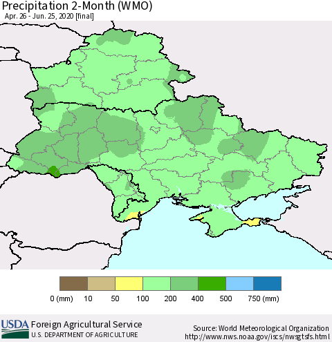 Ukraine, Moldova and Belarus Precipitation 2-Month (WMO) Thematic Map For 4/26/2020 - 6/25/2020