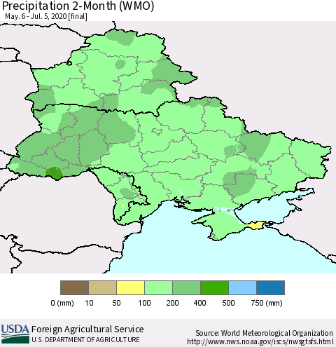Ukraine, Moldova and Belarus Precipitation 2-Month (WMO) Thematic Map For 5/6/2020 - 7/5/2020