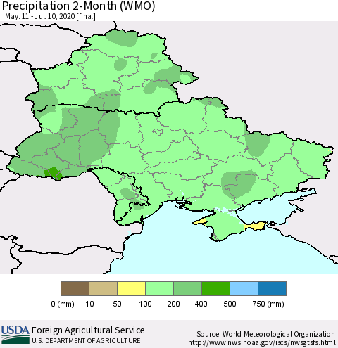 Ukraine, Moldova and Belarus Precipitation 2-Month (WMO) Thematic Map For 5/11/2020 - 7/10/2020