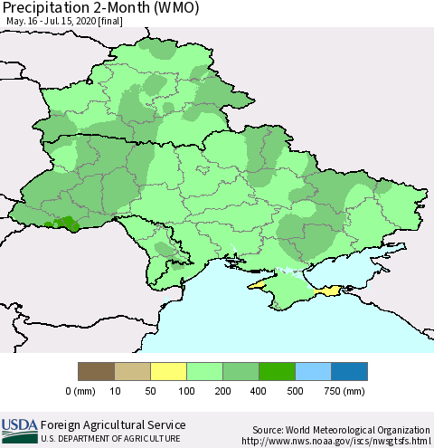 Ukraine, Moldova and Belarus Precipitation 2-Month (WMO) Thematic Map For 5/16/2020 - 7/15/2020
