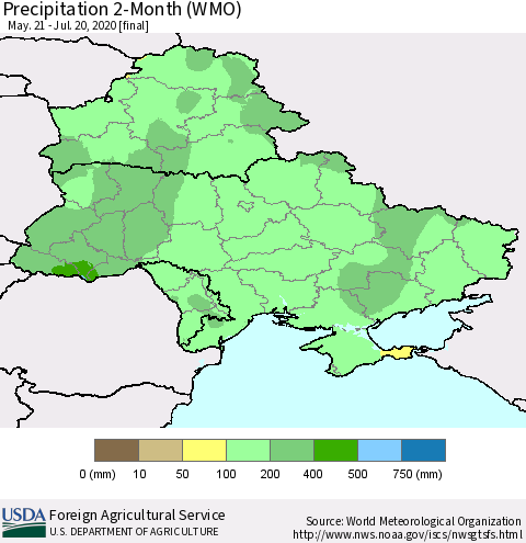Ukraine, Moldova and Belarus Precipitation 2-Month (WMO) Thematic Map For 5/21/2020 - 7/20/2020