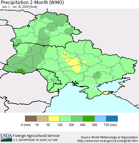 Ukraine, Moldova and Belarus Precipitation 2-Month (WMO) Thematic Map For 6/1/2020 - 7/31/2020