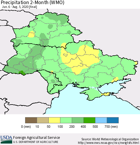 Ukraine, Moldova and Belarus Precipitation 2-Month (WMO) Thematic Map For 6/6/2020 - 8/5/2020