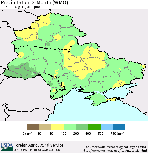 Ukraine, Moldova and Belarus Precipitation 2-Month (WMO) Thematic Map For 6/16/2020 - 8/15/2020