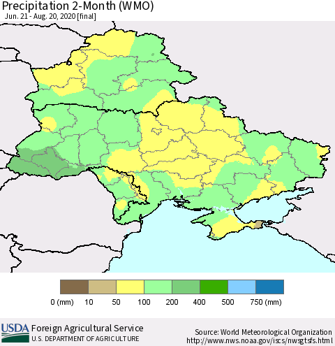 Ukraine, Moldova and Belarus Precipitation 2-Month (WMO) Thematic Map For 6/21/2020 - 8/20/2020