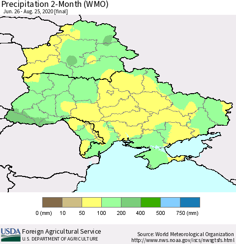Ukraine, Moldova and Belarus Precipitation 2-Month (WMO) Thematic Map For 6/26/2020 - 8/25/2020