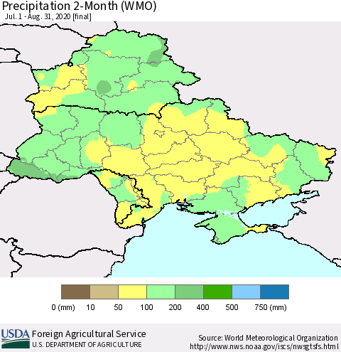 Ukraine, Moldova and Belarus Precipitation 2-Month (WMO) Thematic Map For 7/1/2020 - 8/31/2020