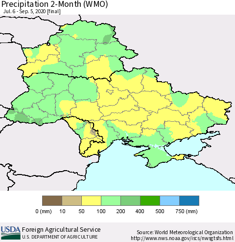 Ukraine, Moldova and Belarus Precipitation 2-Month (WMO) Thematic Map For 7/6/2020 - 9/5/2020