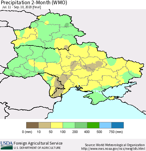 Ukraine, Moldova and Belarus Precipitation 2-Month (WMO) Thematic Map For 7/11/2020 - 9/10/2020