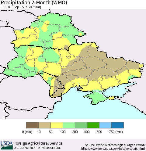 Ukraine, Moldova and Belarus Precipitation 2-Month (WMO) Thematic Map For 7/16/2020 - 9/15/2020