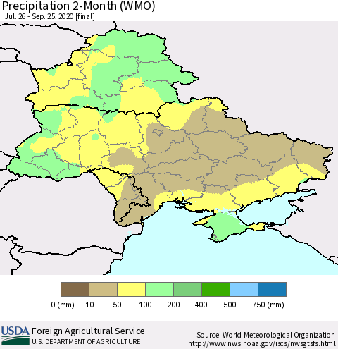 Ukraine, Moldova and Belarus Precipitation 2-Month (WMO) Thematic Map For 7/26/2020 - 9/25/2020