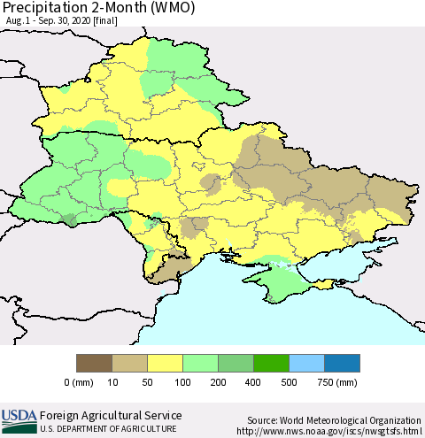 Ukraine, Moldova and Belarus Precipitation 2-Month (WMO) Thematic Map For 8/1/2020 - 9/30/2020