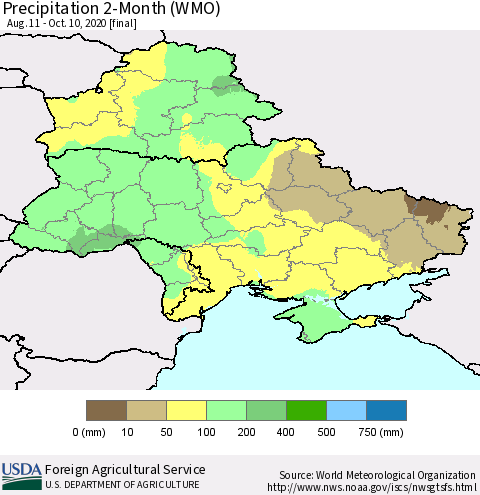 Ukraine, Moldova and Belarus Precipitation 2-Month (WMO) Thematic Map For 8/11/2020 - 10/10/2020