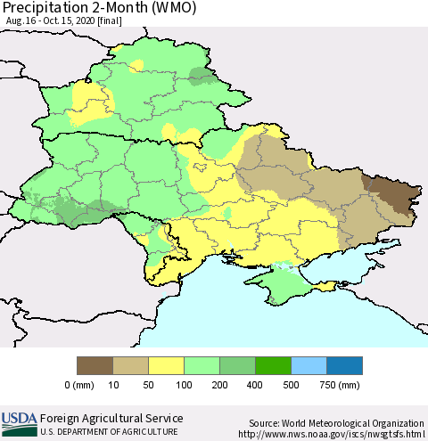 Ukraine, Moldova and Belarus Precipitation 2-Month (WMO) Thematic Map For 8/16/2020 - 10/15/2020